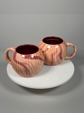 Starbucks 2025 Marble Pumpkin Mug Set of 2 Fall Halloween Cream Orange 12oz